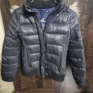 American Eagle Outfitters Charcoal Puffer Coat with Fur Hood